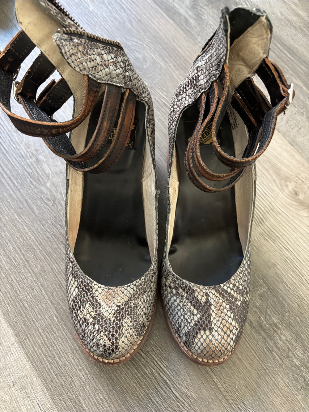 freebird Snakeskin-Print Ankle-Strap Heels in Brown and Gray